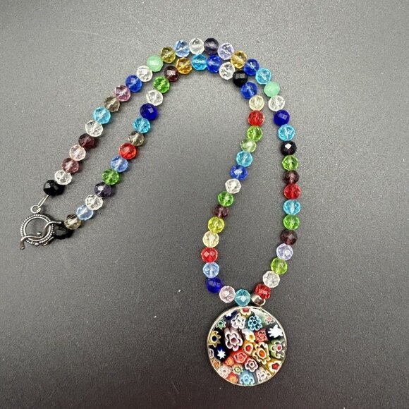 Millefiori Glass Pendant on Handmade Necklace Colorful Toggle Clasp 17" Rainbow - Picture 2 of 4